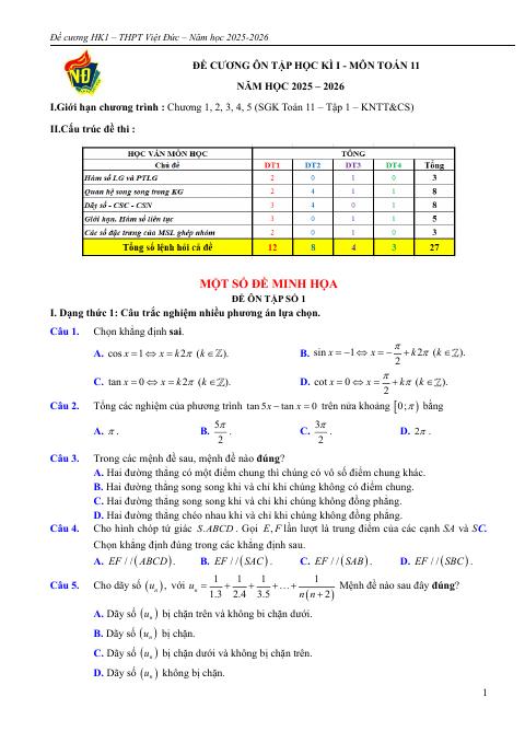Đề cương ôn tập Học kì 1 Toán 11 trường THPT Việt Đức (Hà Nội) năm 2025–2026